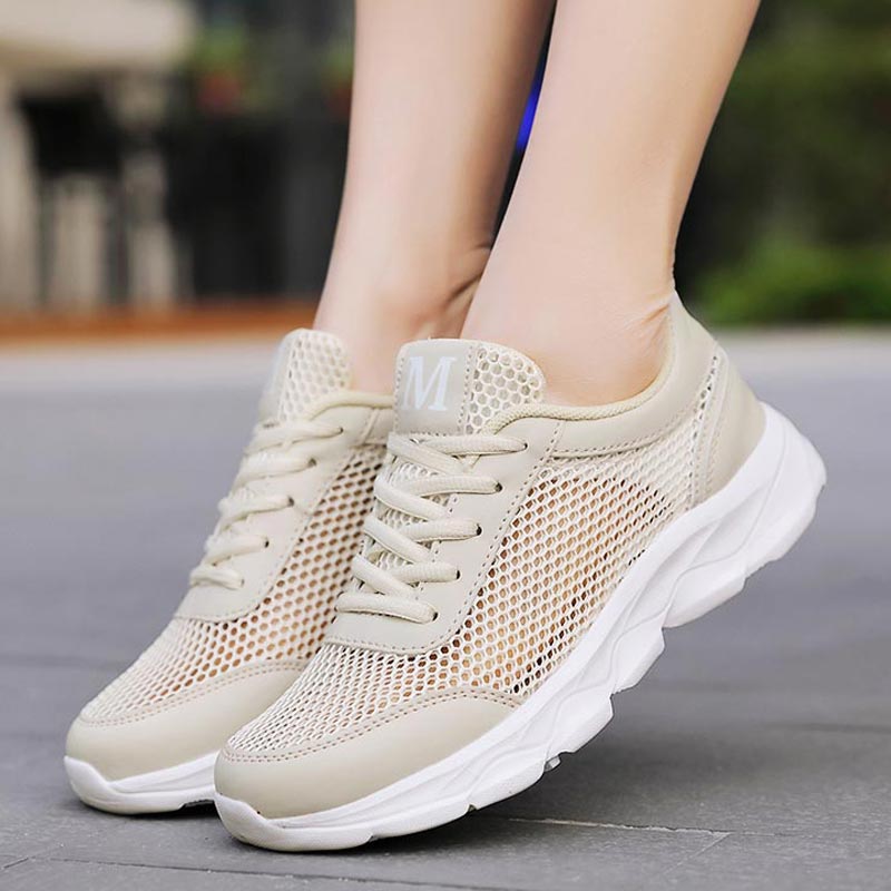 Yoga Fitness Reservation - 女性用通気性メッシュスニーカー,軽量ランニングシューズ,ベージュ,新しい2019,B-332,夏