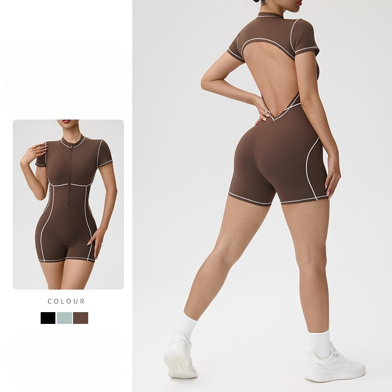 Yoga Overall Fitness - 女性の夏のフィットネススポーツヨガジャンプスーツロンパースカジュアルジップアップ半袖ジムボディスーツファッション女性ランニングオーバーオール